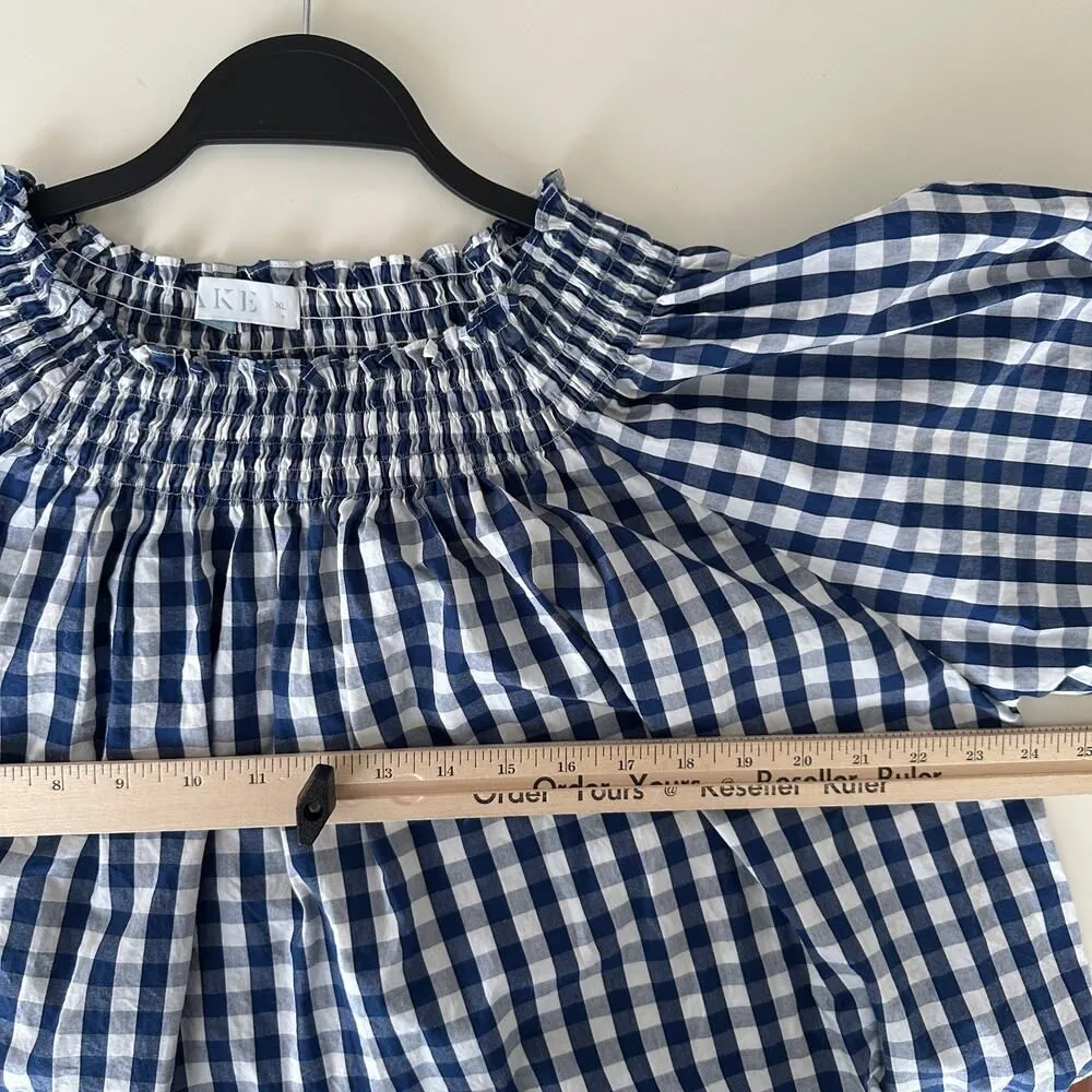 LAKE Veranda Dress XL Smocked Navy White Gingham Plaid Check Cotton Cottage Blue - Image 10