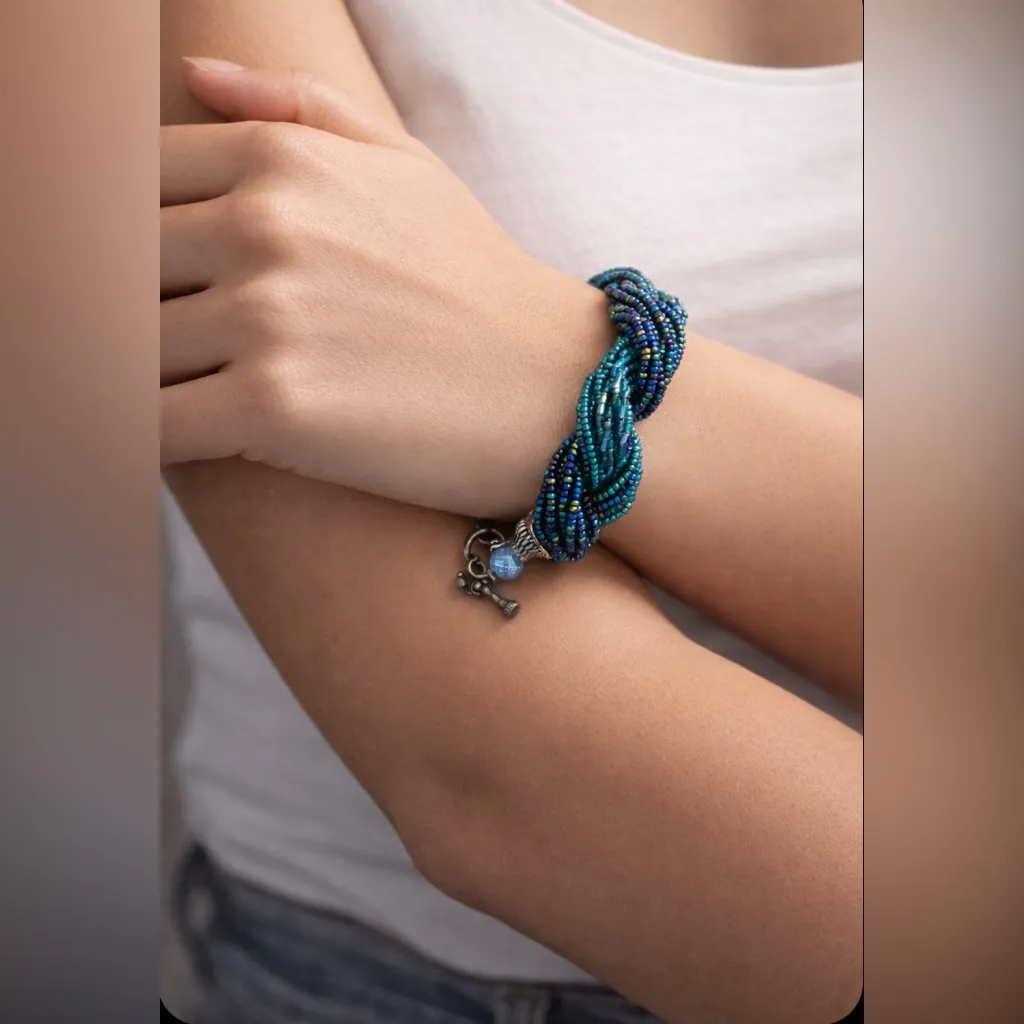 Artisan Blue & Teal Glass Beaded Twist Bracelet | Handwoven Statement Jewelry - Image 3