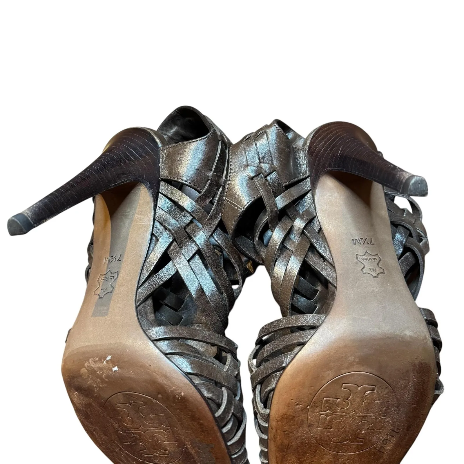 Tory‎ Burch Shoes Womens Size 7.5M Brown Leather Woven High Heel Sandals Strappy - Image 11