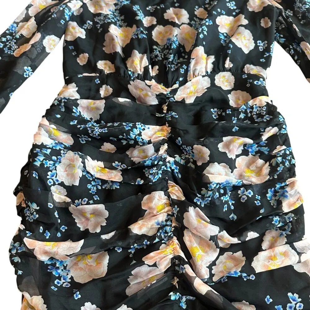 Sau Lee Sienna Black Floral Dress Long Sleeve Ruched 100% Silk Size 6 Women's - Image 7