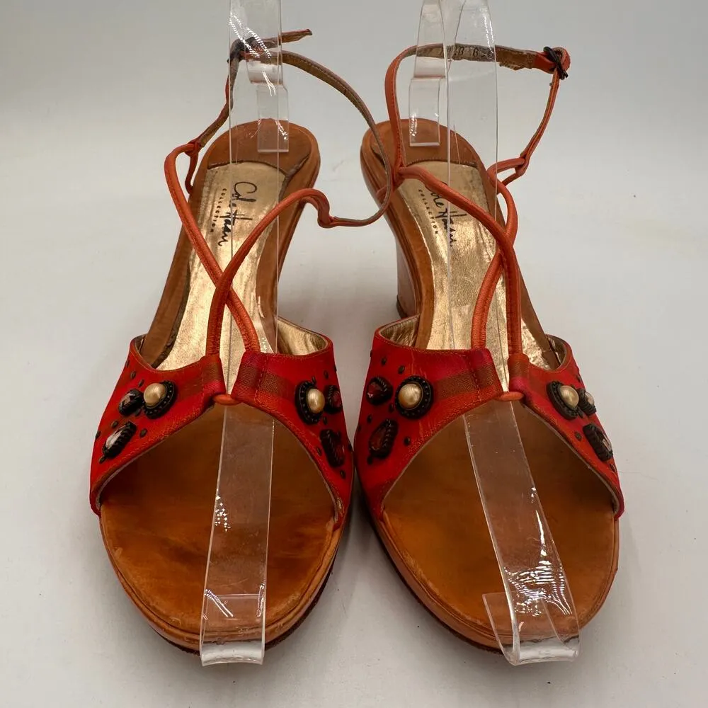 Cole Haan Red & Orange Slingback Retro Disco Wooden Heel Wedge Sandals Size 10.5 - Image 4