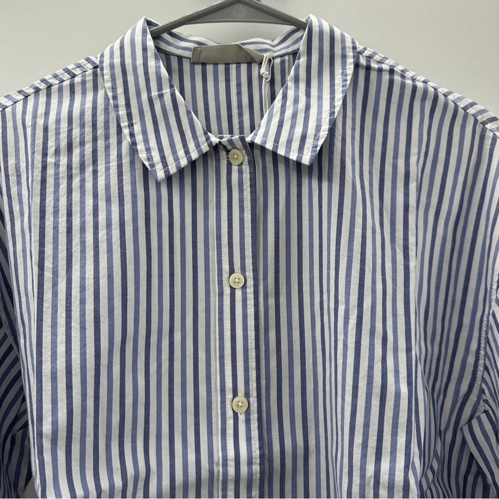 Everlane Cotton PJ Boxy Crop Button Front Blue‎ & White Striped Long Sleeve Top - Image 4