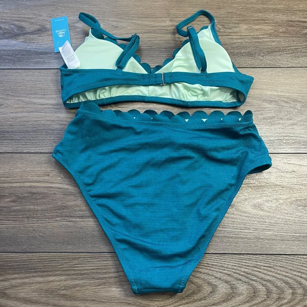 Cupshe Scalloped Bikini Set Womens Size Large Mid Rise Textured Teal 2 Piece NEW - Image 4