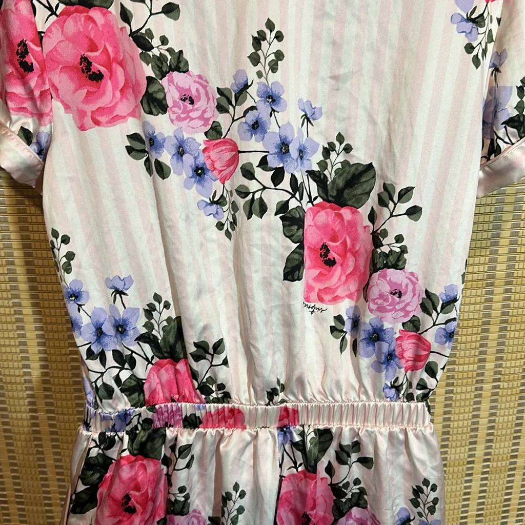 Victoria's Secret Pale Pink Striped Floral Silk Feel Romper Pajamas One Piece M - Image 12