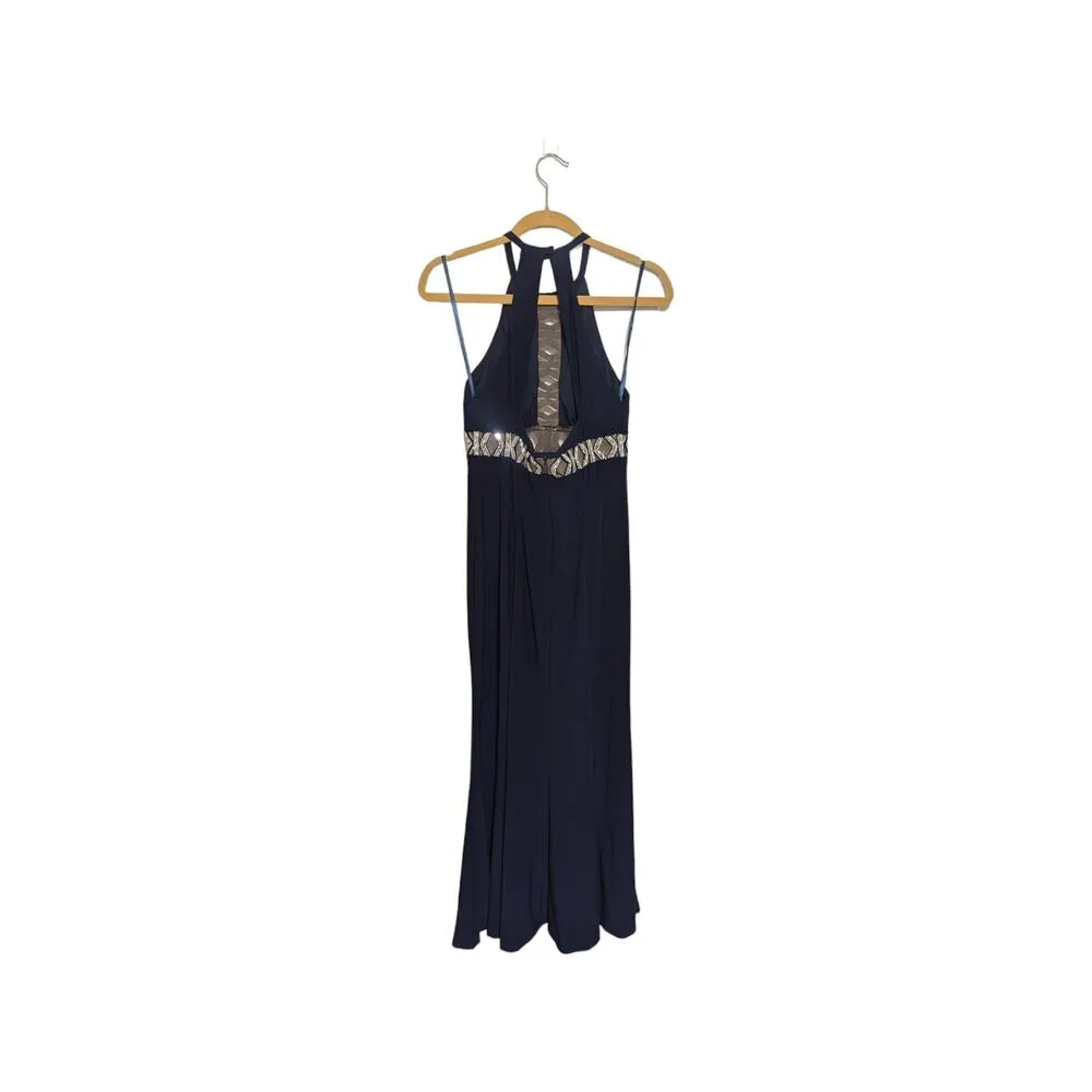 XSCAPE Crystal Embellished Halter Cut Out Dress Navy Blue Womens 8 Prom Formal - Image 3