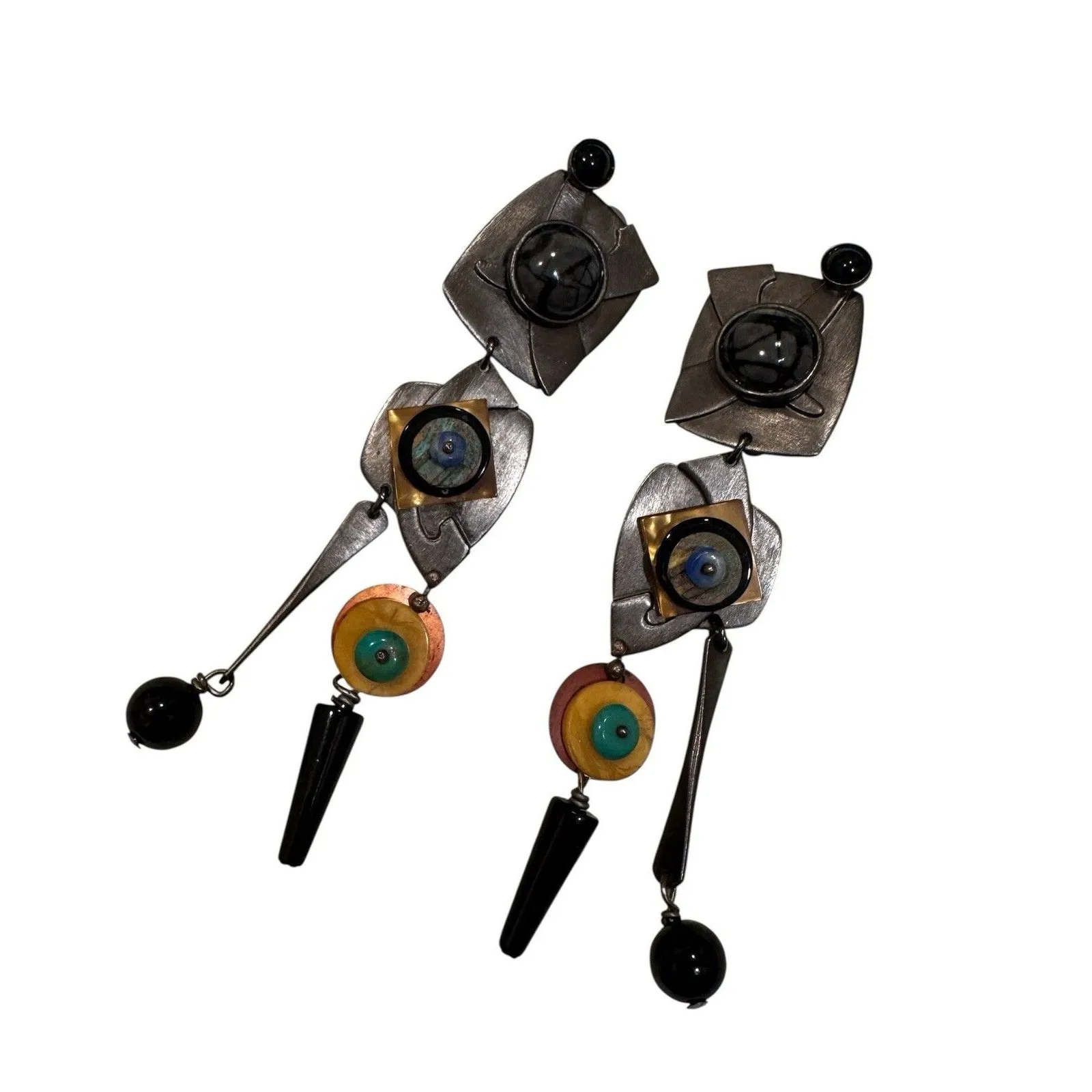 Vintage Modernist Artisan Gale Rothstein Multi Semi Precious Stone Clip Earrings - Image 8