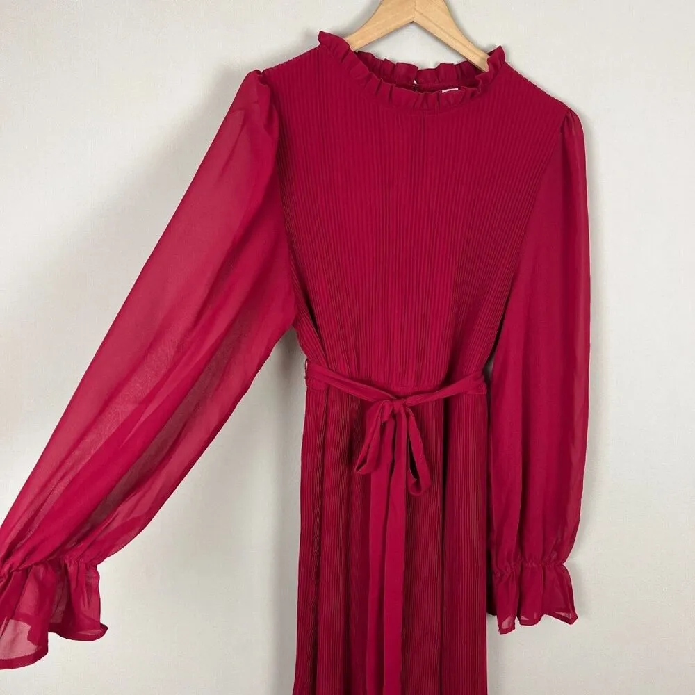 Anrabees Midi Dress XL Maroon Pleated Long Puff Sleeve Ruffle A - Image 7