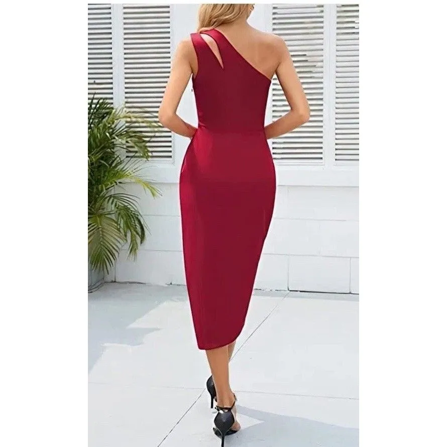 Red One Shoulder Bodycon Midi Dress Women’s Large Cocktail Event Party Holiday - Image 2