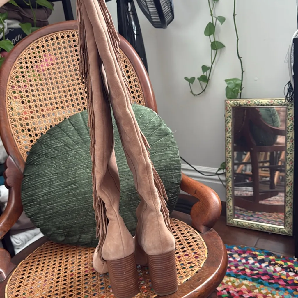 Sam Edelman Taylan Tan Leather Fringe Pull On Tall Stacked Heel Boots - Image 5