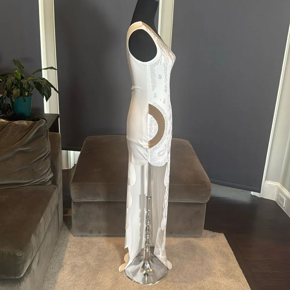 Sexy White Sparkly One Shoulder BodyCon Party Dress Leg Split Size S NWOT - Image 4