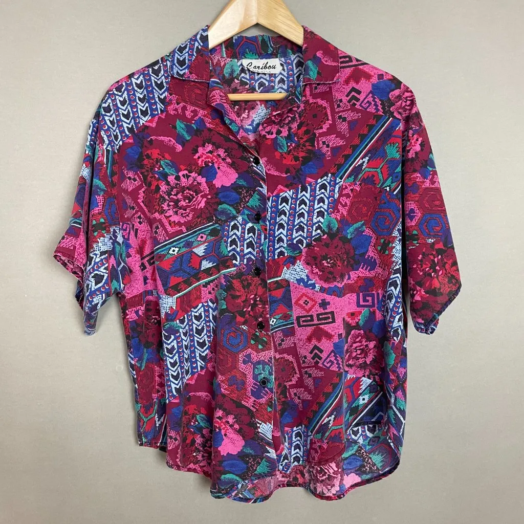 Vintage Floral Blouse Southwestern Eclectic Print Short Sleeve Women Vibrant Top Pink Size L - Image 12