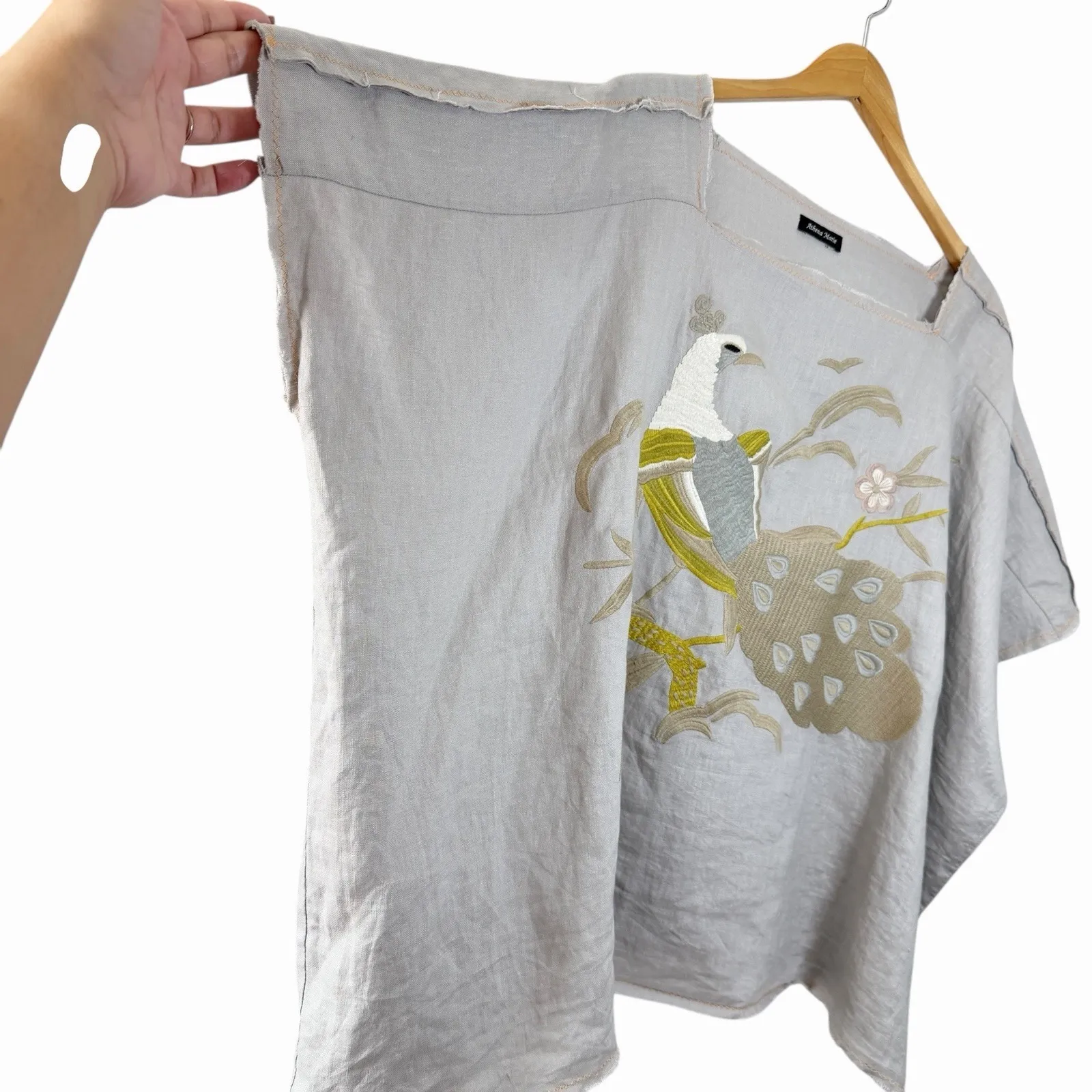 Athena Marie Womens Linen Peacock Embroidered Boxy Lagenlook Boho Top Blouse OS - Image 5