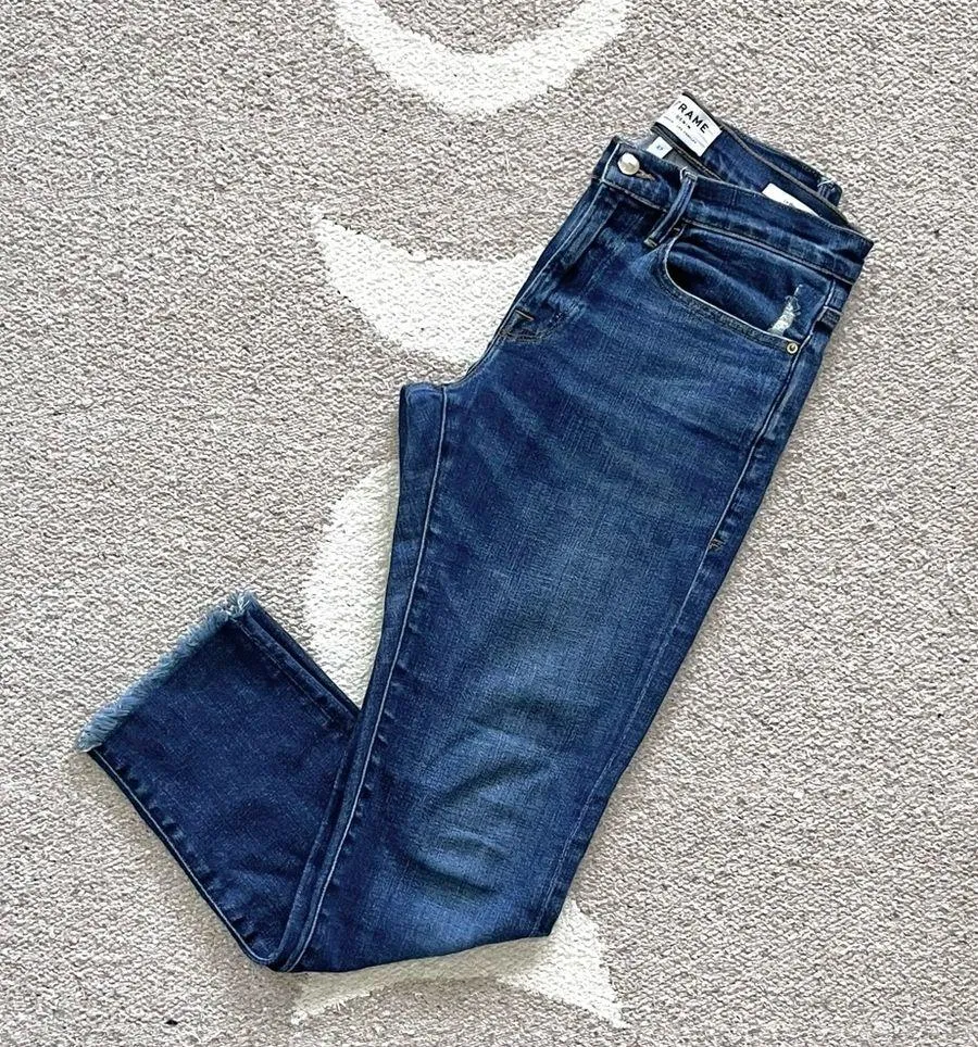 Frame Denim Le Boy Crop Straight Frayed Hem Jeans in Pondview Size 27 - Image 3