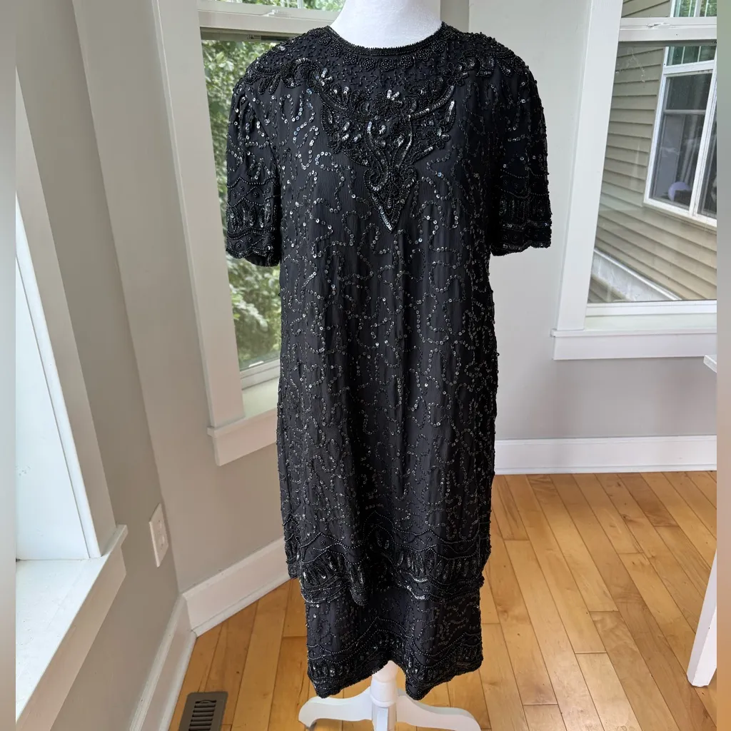 Vintage Papell Boutique Black Beaded Silk Short Sleeve Sheath Dress Size 8 - Image 9