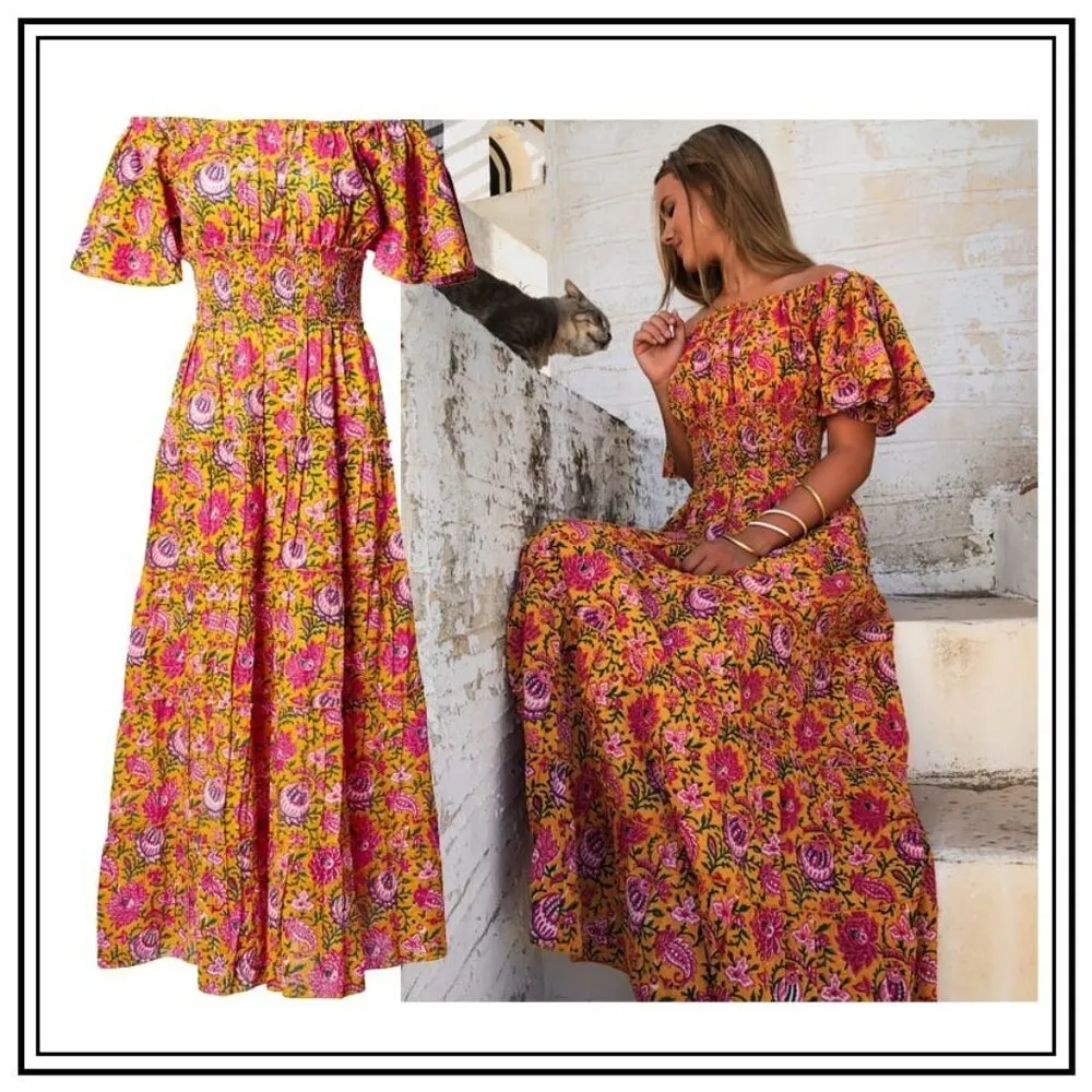 NWT PINK CITY PRINTS Spanish Rah Rah in 70s Jal Floral Cotton Midi Dress L Size L - Image 8