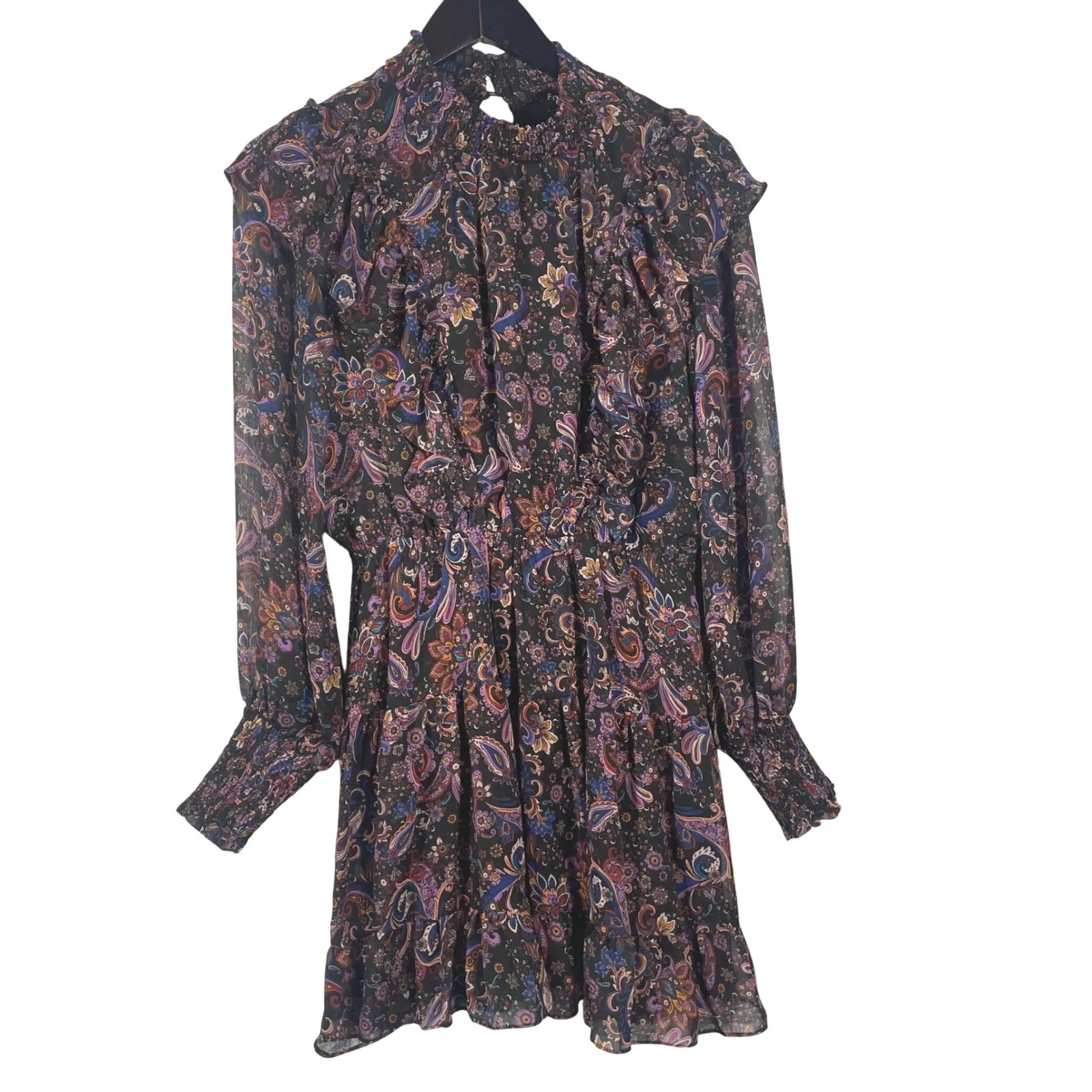 Fate Women's Boho Paisley Mini Dress M Ruffle Long Sleeve Sheer Lined Multicolor Black Size M - Image 11