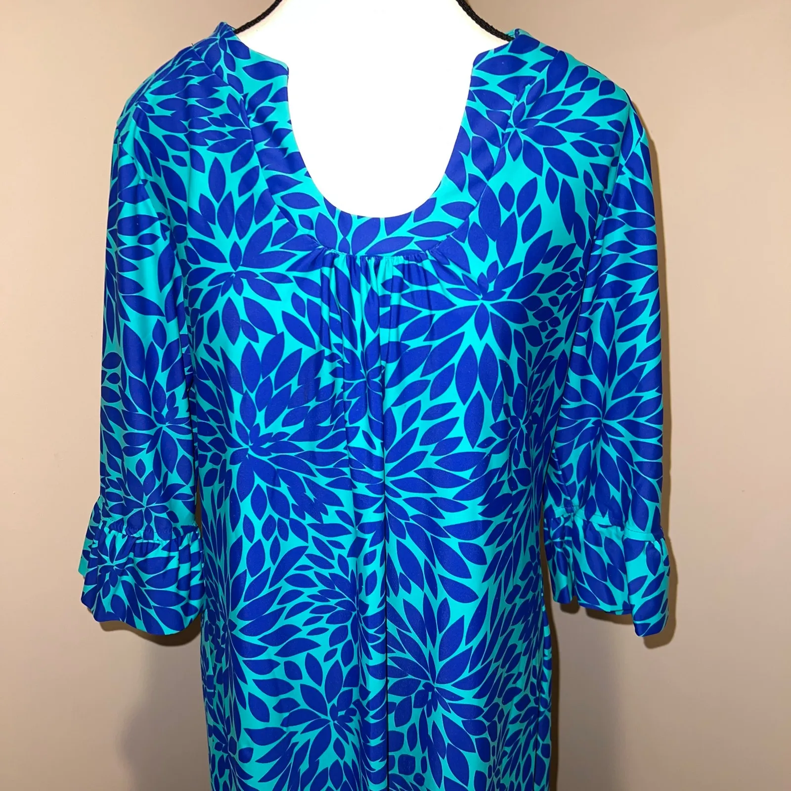 Aryeh Bell Sleeve Skimmer A-Line Dress Turquoise Royal Blue Size L - Image 5