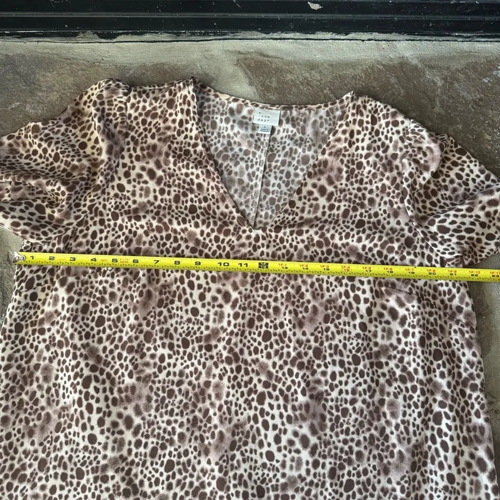 Leopard Print V-Neck Dress A-line ruffle hem tan brown cream L - Image 4