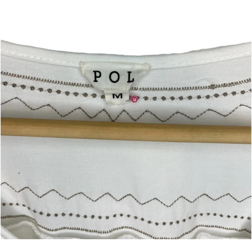 POL Dress Womens M Tiered Mini Embroidered Flutter Sleeve Keyhole Tie Neck Cream - Image 7