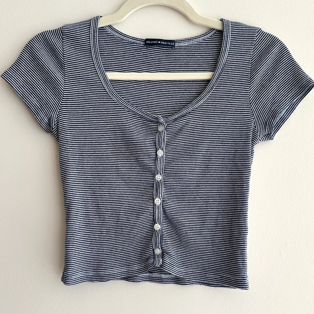 Navy Blue and White Striped Belly Button Cropped Top Shirt, P1 - Image 3