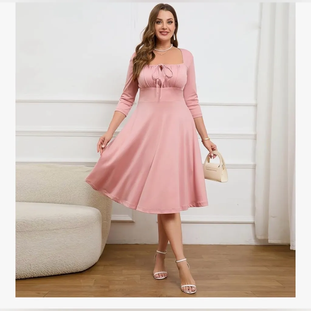 NEW Plus Size Formal Cocktail Tie Front Satin Midi Wedding Guest Dress M Pink Size M - Image 6