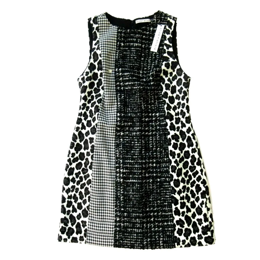 NWT Alice + Olivia Clyde in Black & White Patchwork A-line Mini Shift Dress 12 - Image 3