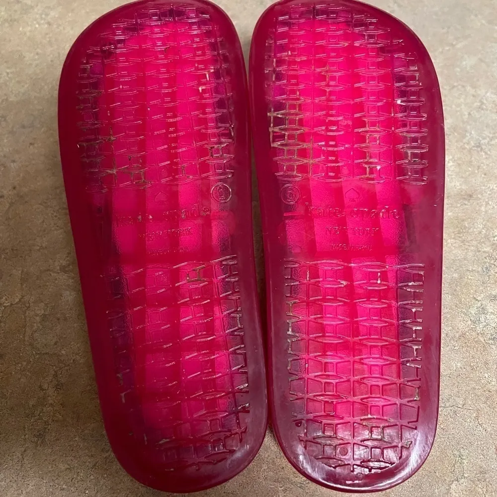 Kate Spade pink jelly slides with rose & black & white polka dot soles. - Image 6