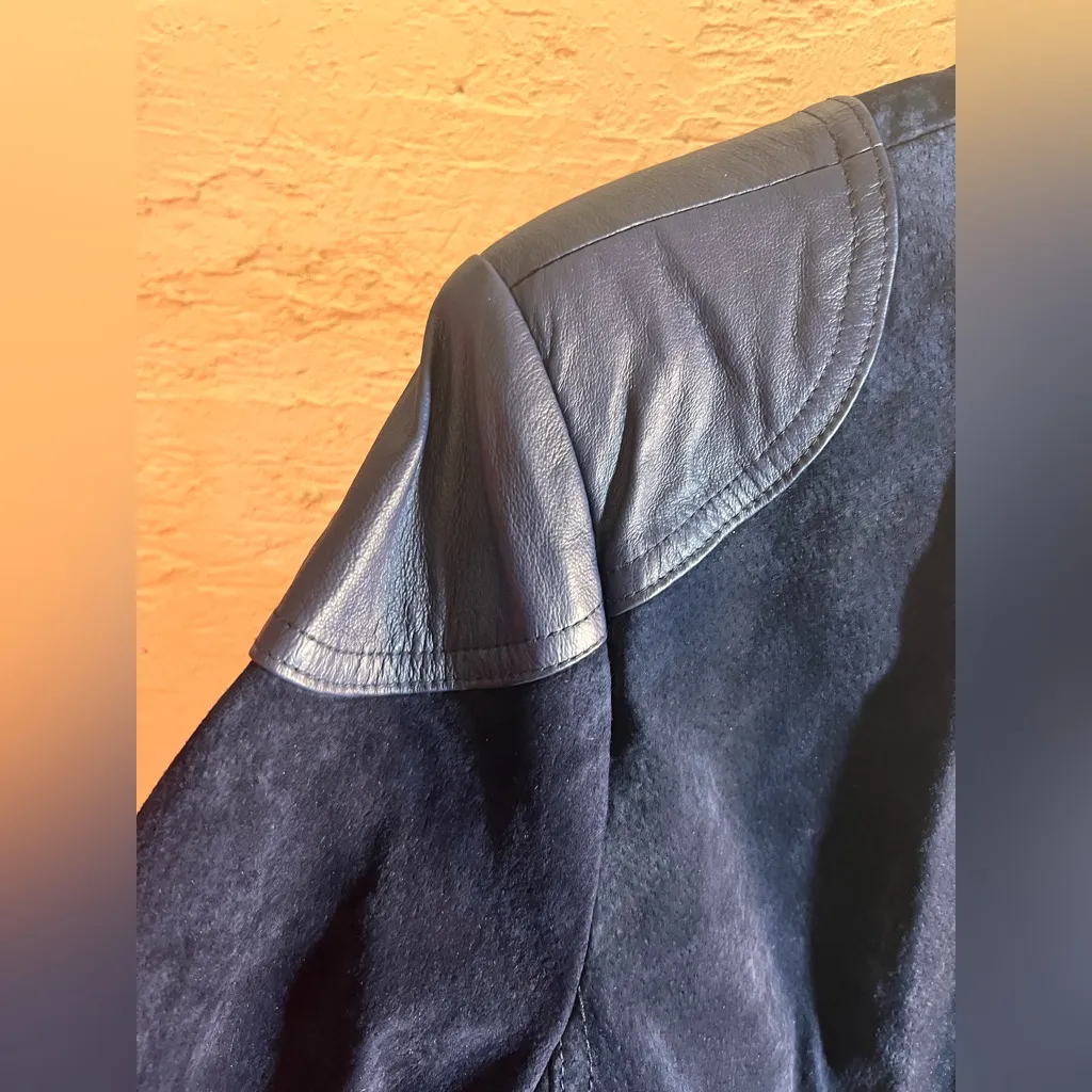 Suede Navy Blue 100% Leather Jacket M silver Asymmetrical Zipper moto classic Size M - Image 5