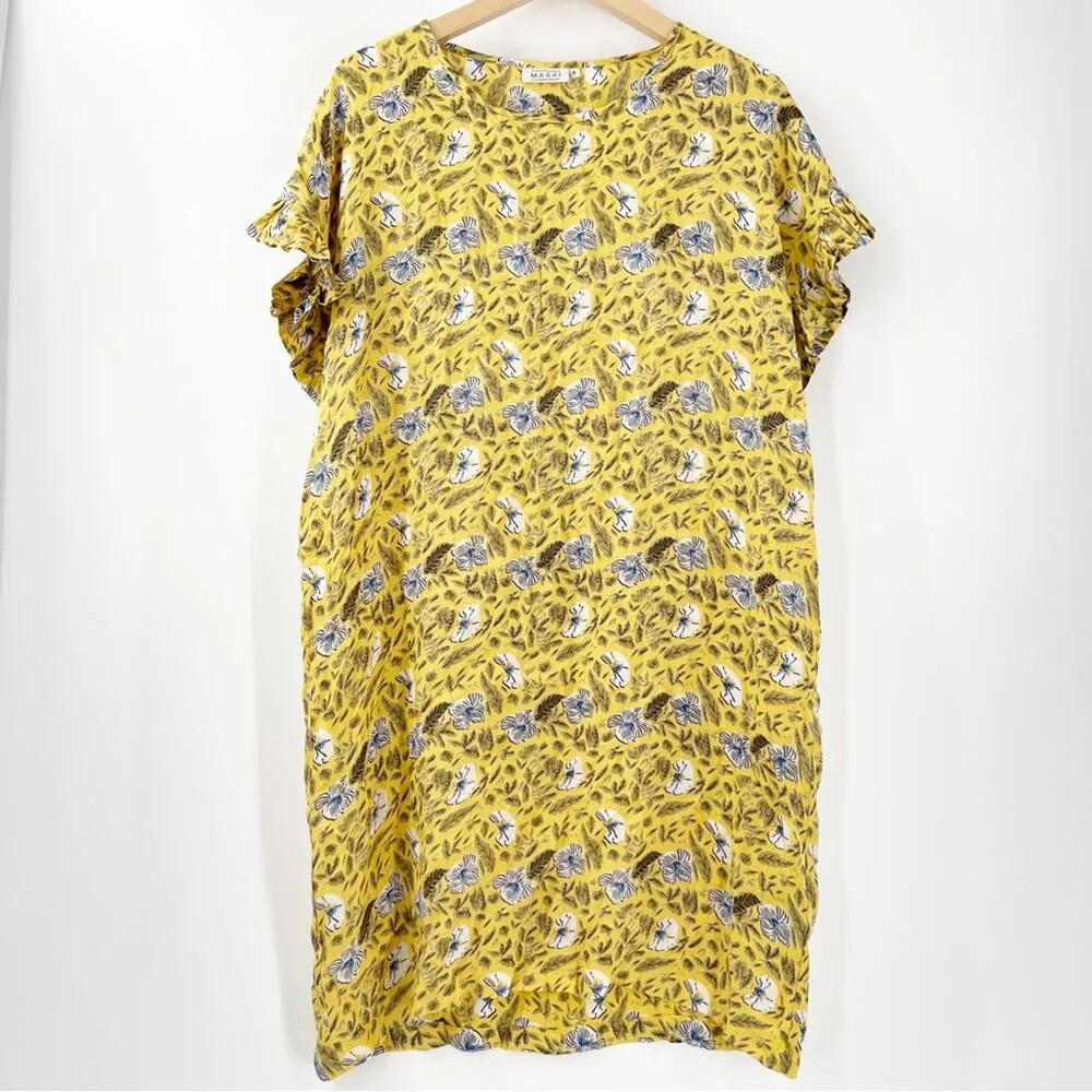 MASAI Dress Small Nara Shift Yellow Floral Ruffle Sleeve Wearable Art Lagenlook - Image 3