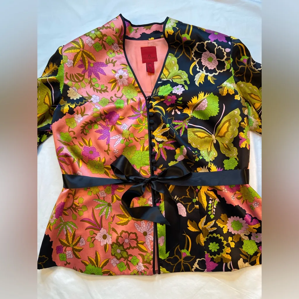JS Collections‎ Silk Floral Jacket, Cropped, Mandarin Collar, Size 14 - Image 2