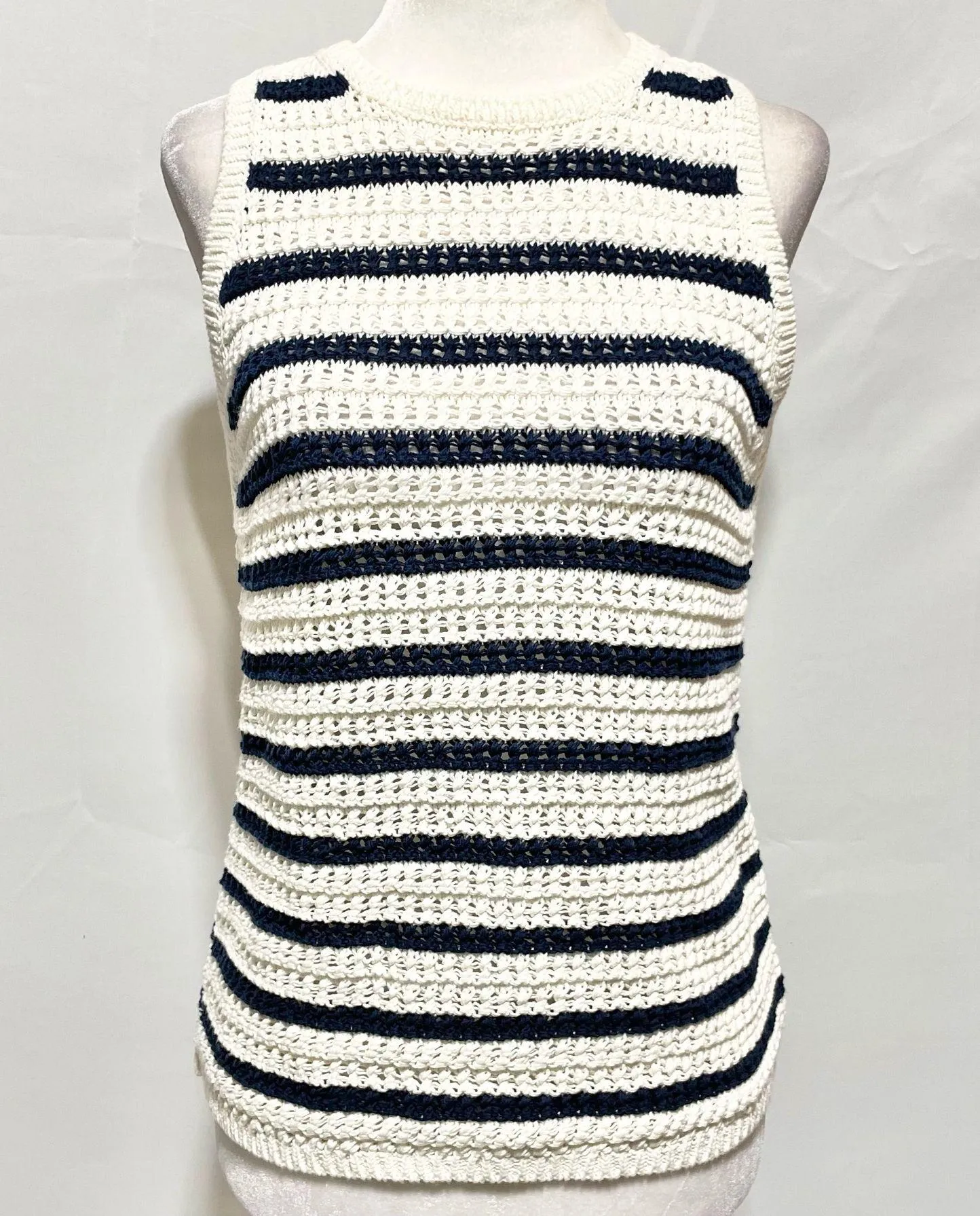 New Madewell Crochet Knit Crewneck Sweater Tank Top NO991 Ivory Navy Size Medium - Image 8