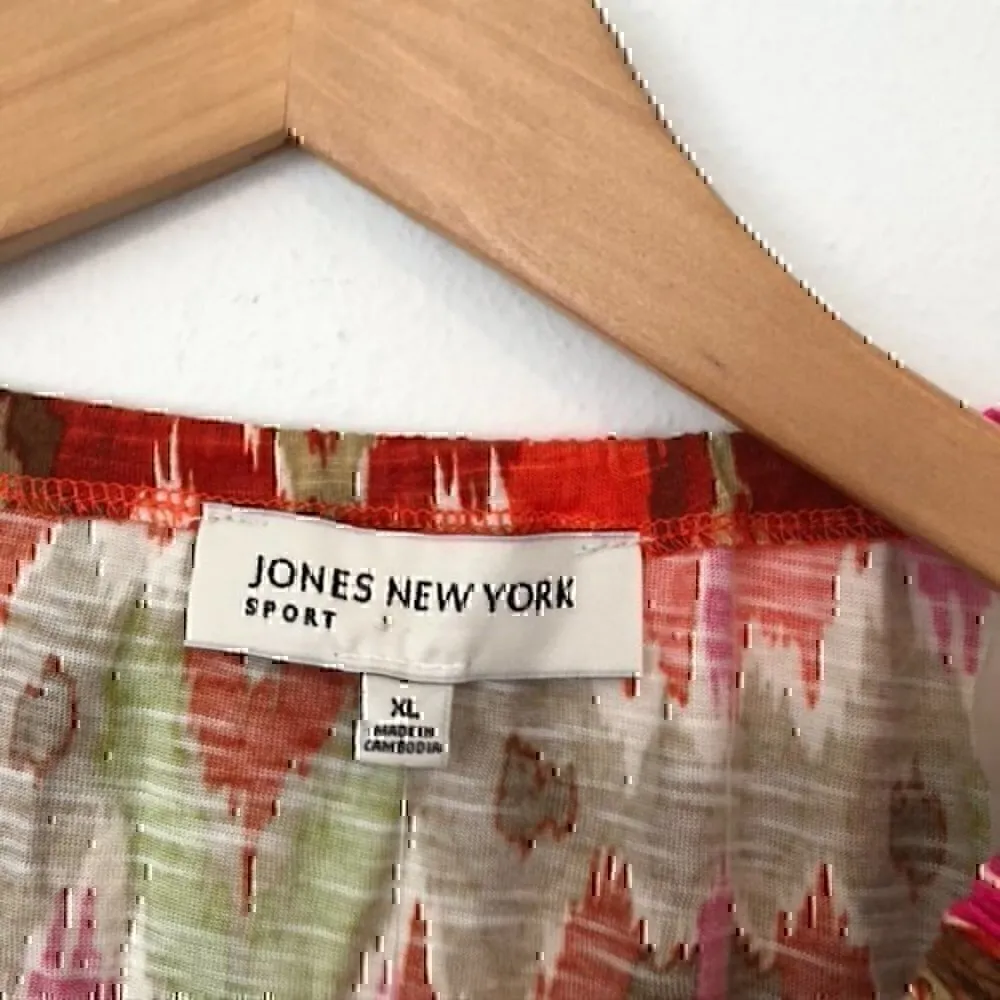 NEW NWT JONES NEW YORK Pink Orange Lime Green Brown Ikat Boho 3/4 Sleeve Blouse - Image 3