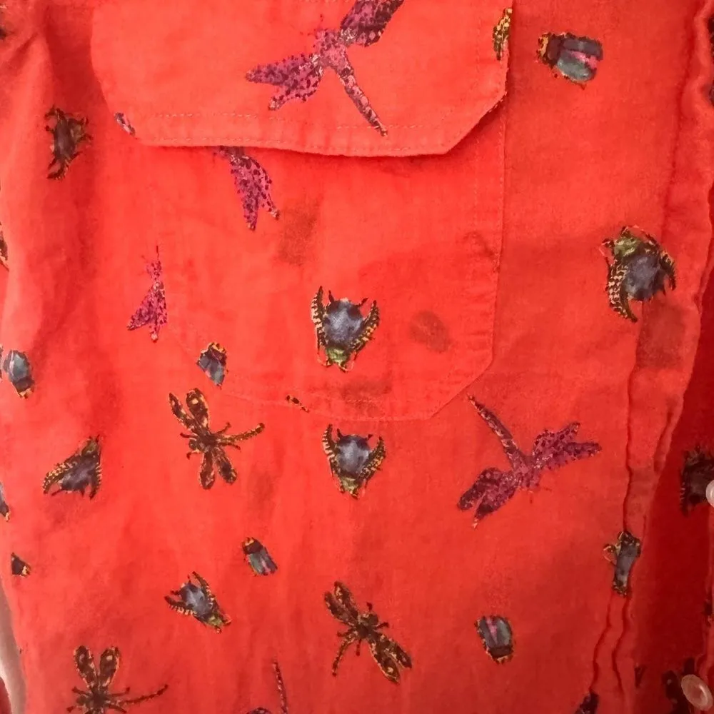 0039 Italy Women’s Orange Button Down Blouse Size M | Insect Print Long Sleeve Size M - Image 4