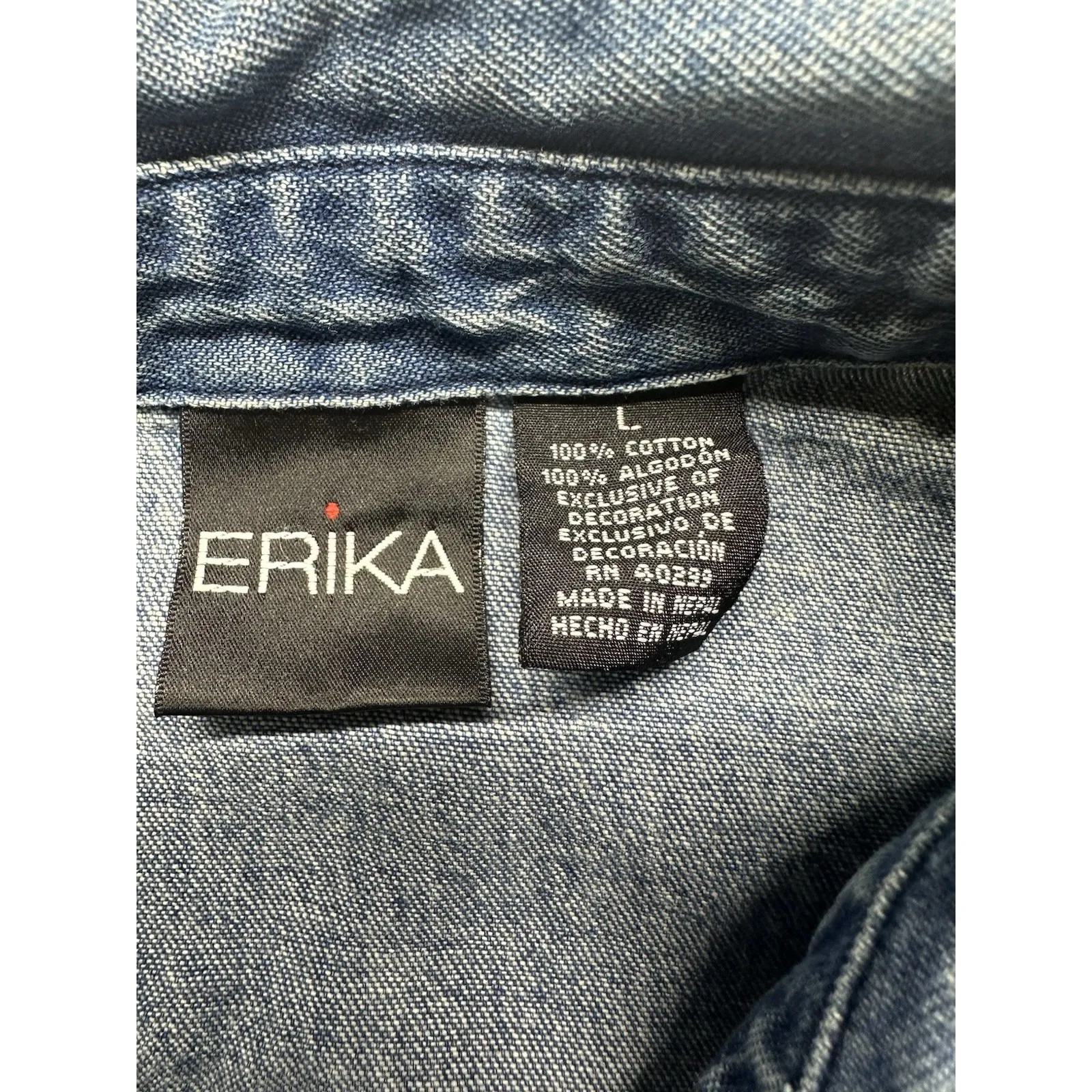 ERIKA Vintage Blue Denim Button Up Shirt L 3/4 Sleeve Fall Leaves Embroidery - Image 6