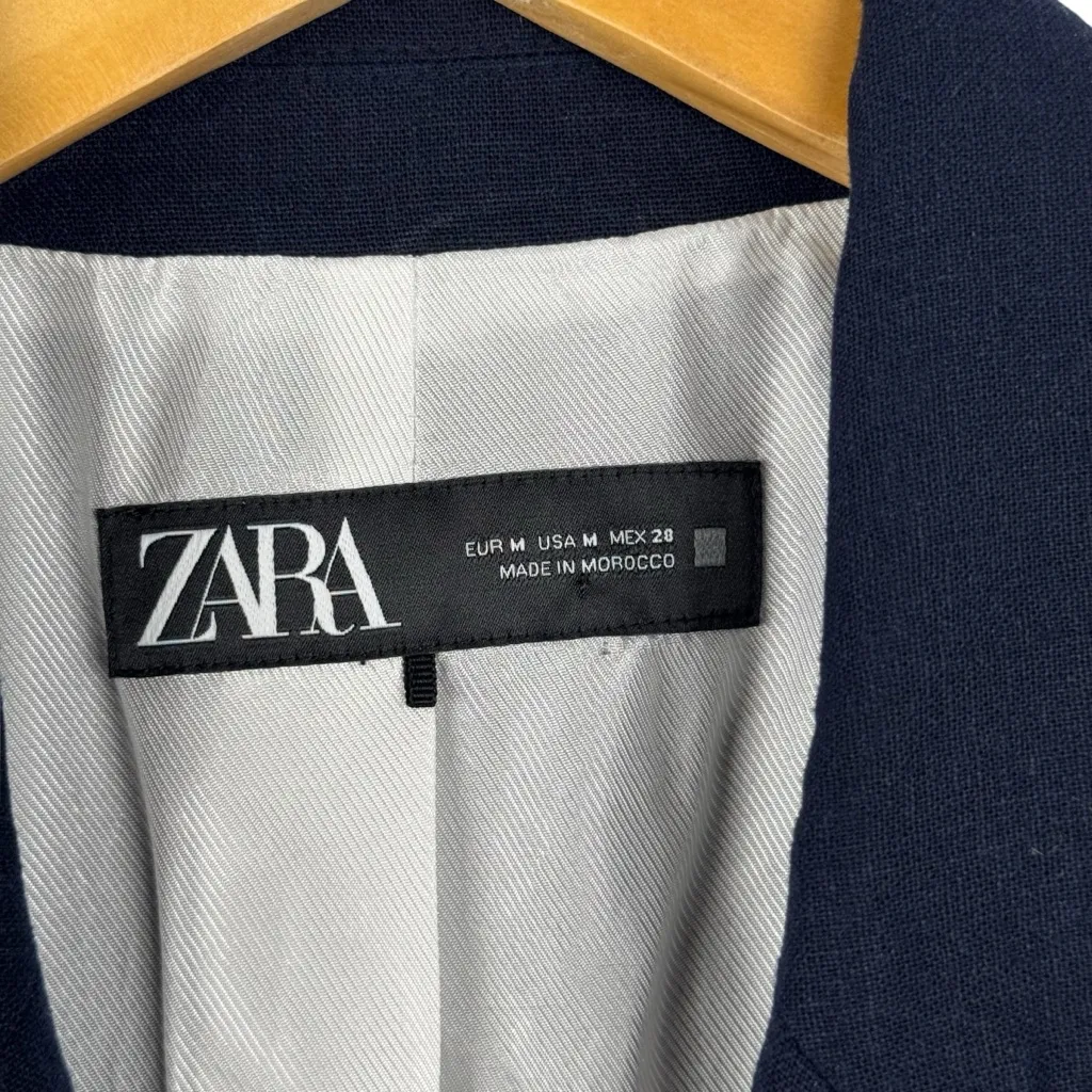 Zara Navy Blue Linen Blend Open Front Blazer Jacket Size Medium Striped Lining - Image 11