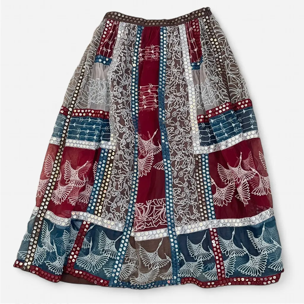 Anthropologie Let Me Be Crane Embroidered 100% Silk Sequin Midi Skirt - Image 4