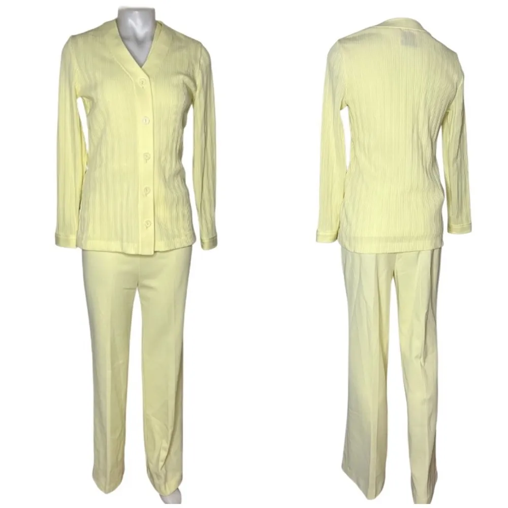 VINTAGE Caron Yellow Pantsuit 3 Piece Pant Self Tie Tank Overshirt Size 10 Small - Image 8