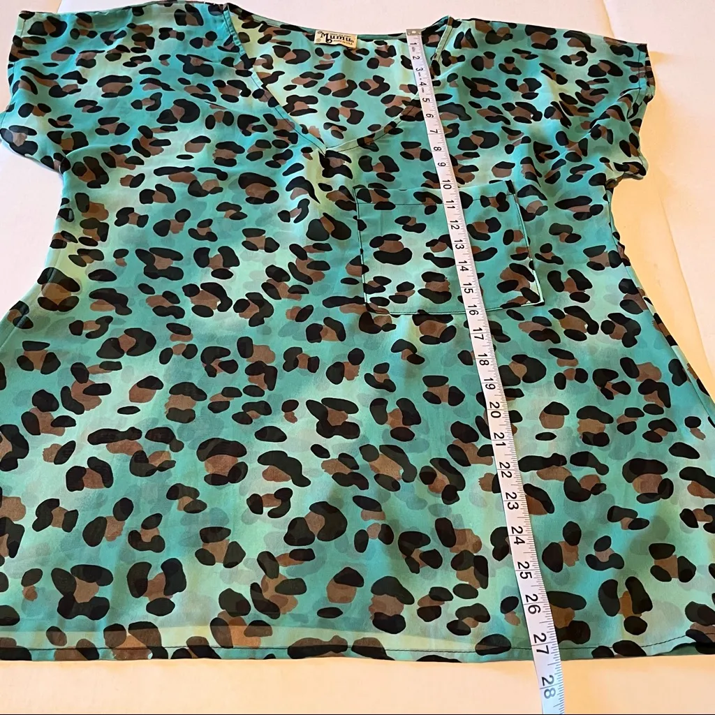 Show Me Your MuMu Womens Size Small Teal‎ Leopard Cheetah Short Sleeve Top Sheer - Image 5