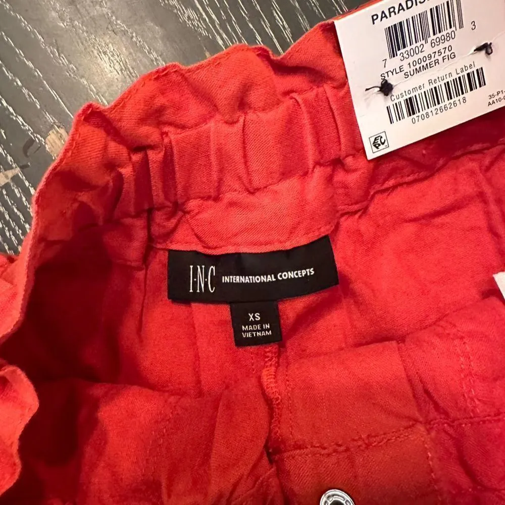 INC Linen Blend High Rise Bermuda Shorts with Tie-Belt, Orange, XS - Image 4