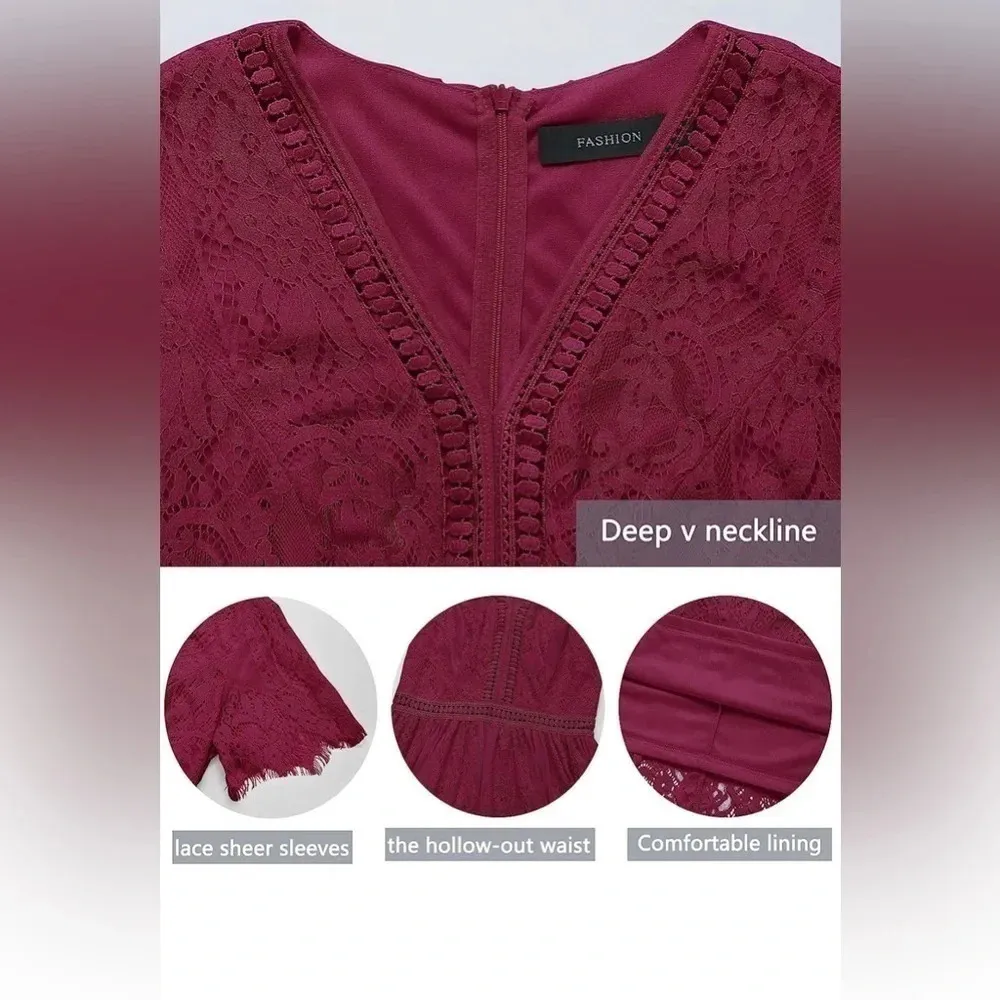 MEROKEETY V Neck Lace Wine ColorWedding Dress Bridesmaid Cocktail Maxi Dress - Image 6