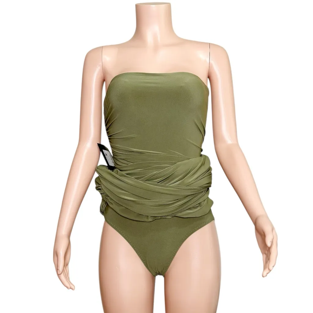 NORMA KAMALI Strapless Diana Ruched Stretch Jersey Midi Dress, Military, XS - Image 12