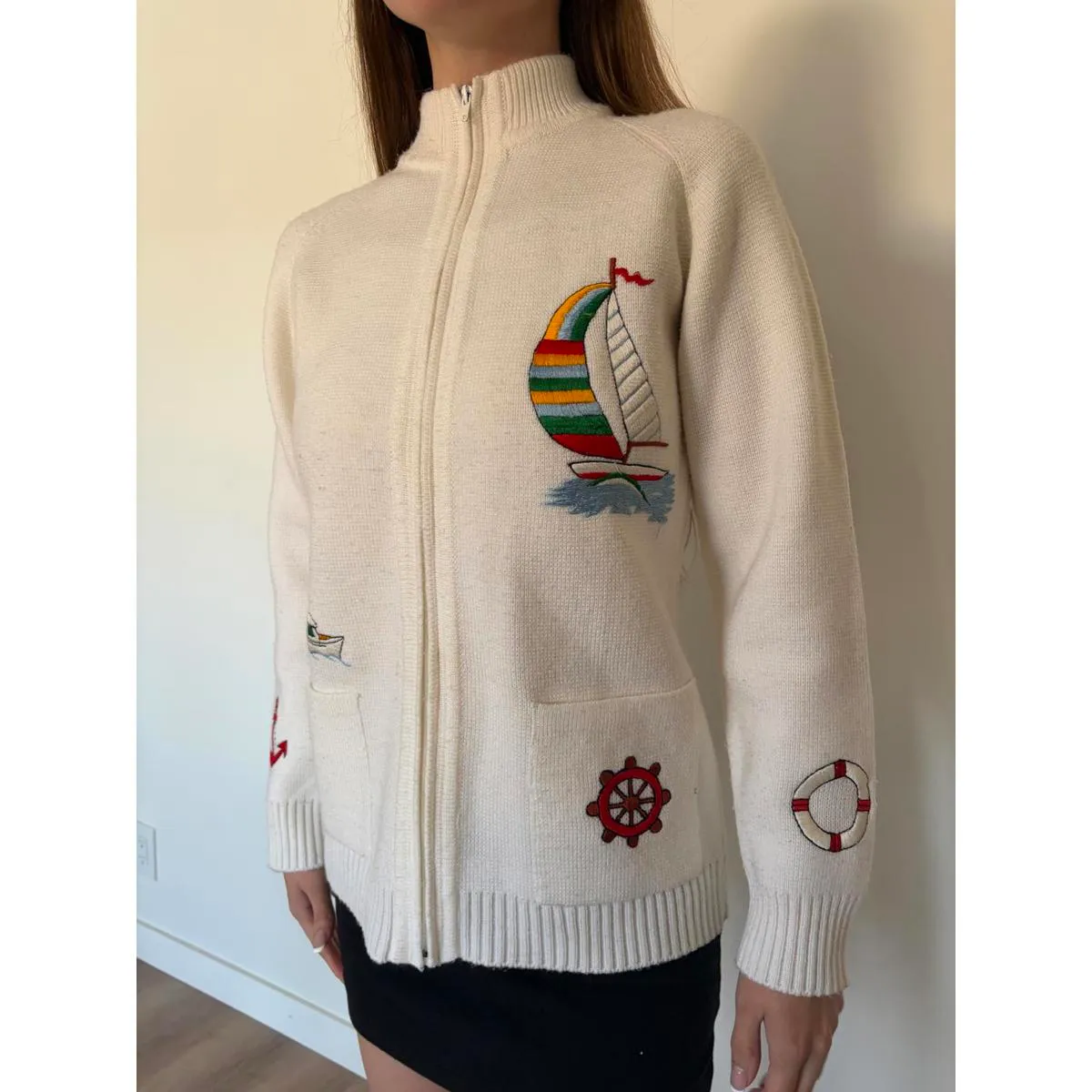 Nautical Sturdy High Collar Zip Up Knit Sweater White Size M - Image 3