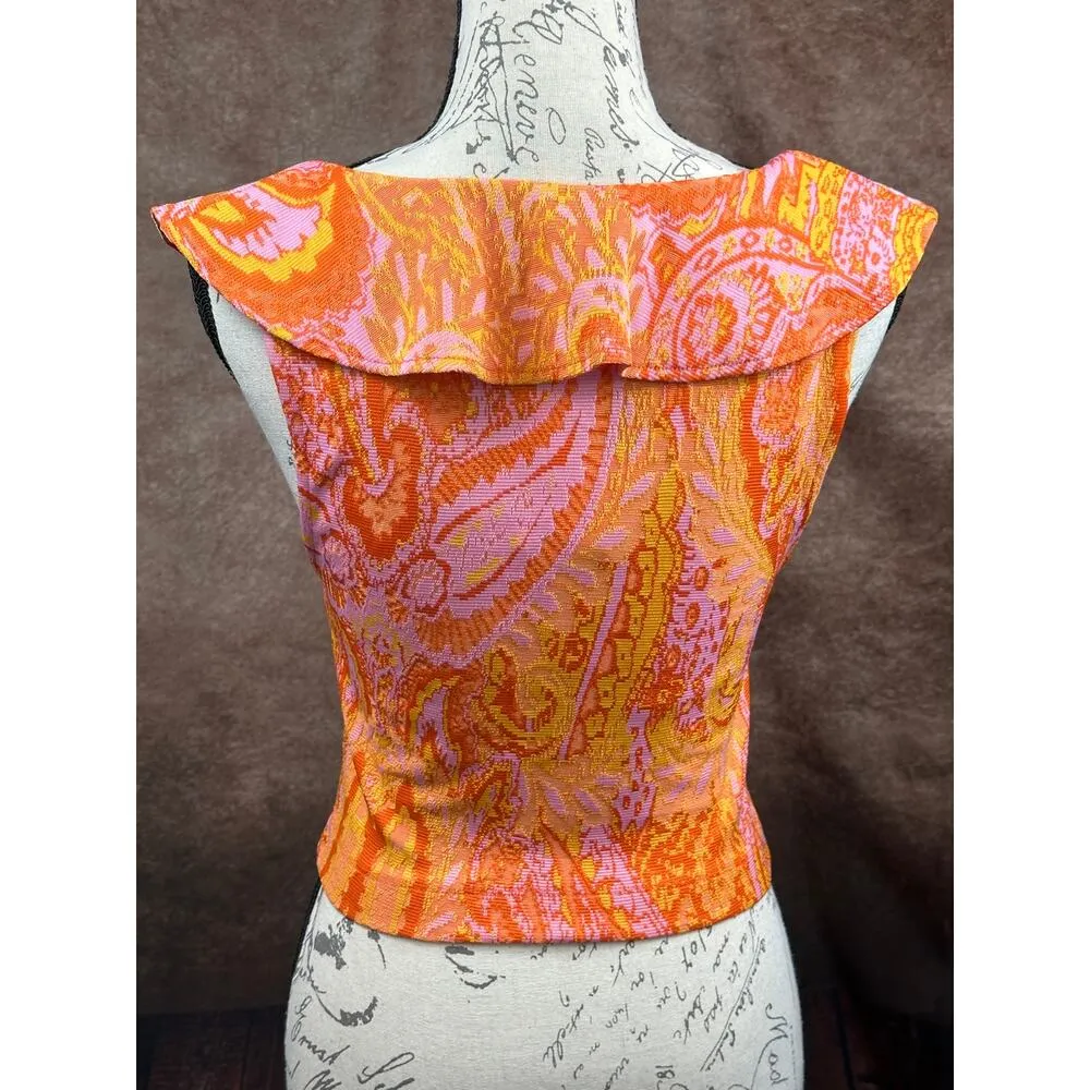 Sleeveless Stretch Summer Zara Jacquard Paisley Ruffle Top Orange Yellow size S - Image 8