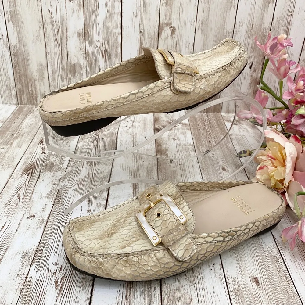 Stuart Weitzman CIA Beige Snakeskin Mules Loafers - Image 3