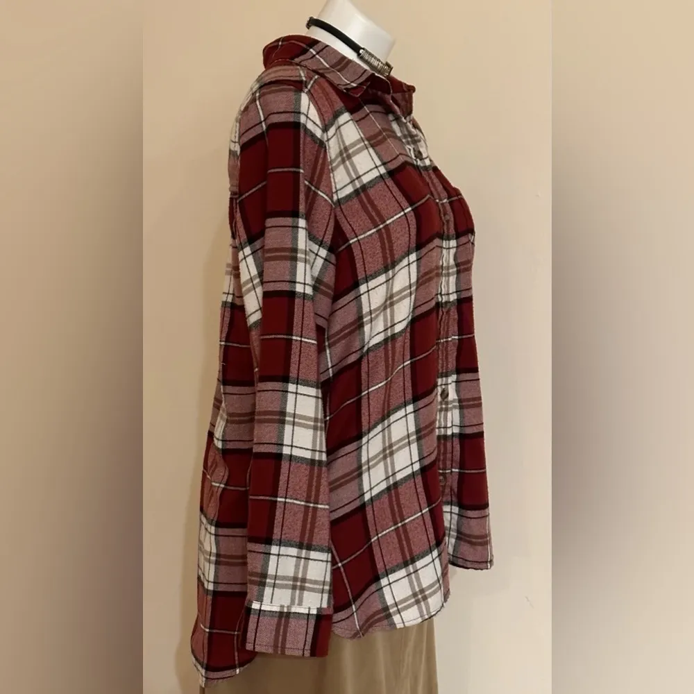 Flannel Red, White & Brown Plaid Button Down Sz L Boyfriend Fit. - Image 4