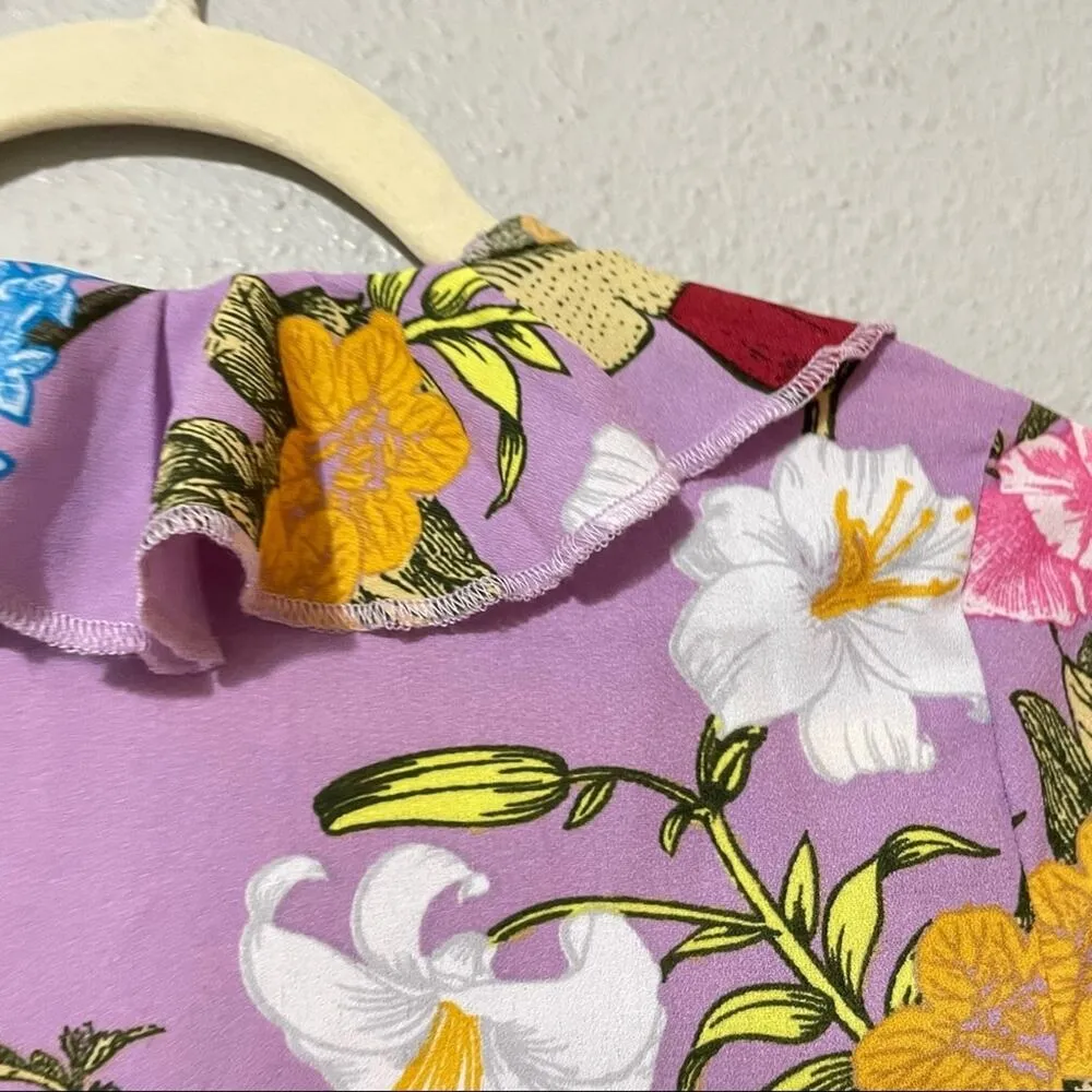 Romeo & Juliet Couture Purple Floral & Bird Print Ruffle Mini Dress Womens M - Image 4