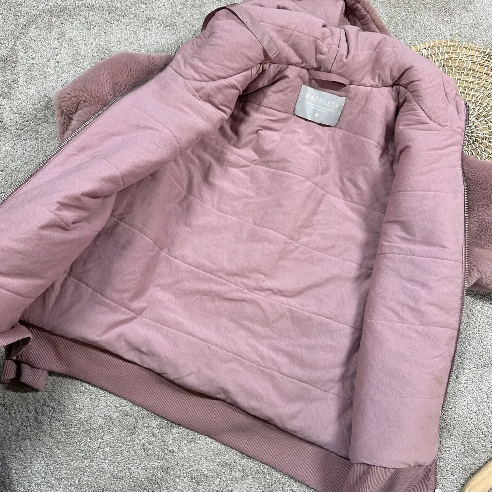 Athleta Ritual Jacket Winter Coat Hooded Full Zip Longsleeve Mauve Faux Fur M - Image 10