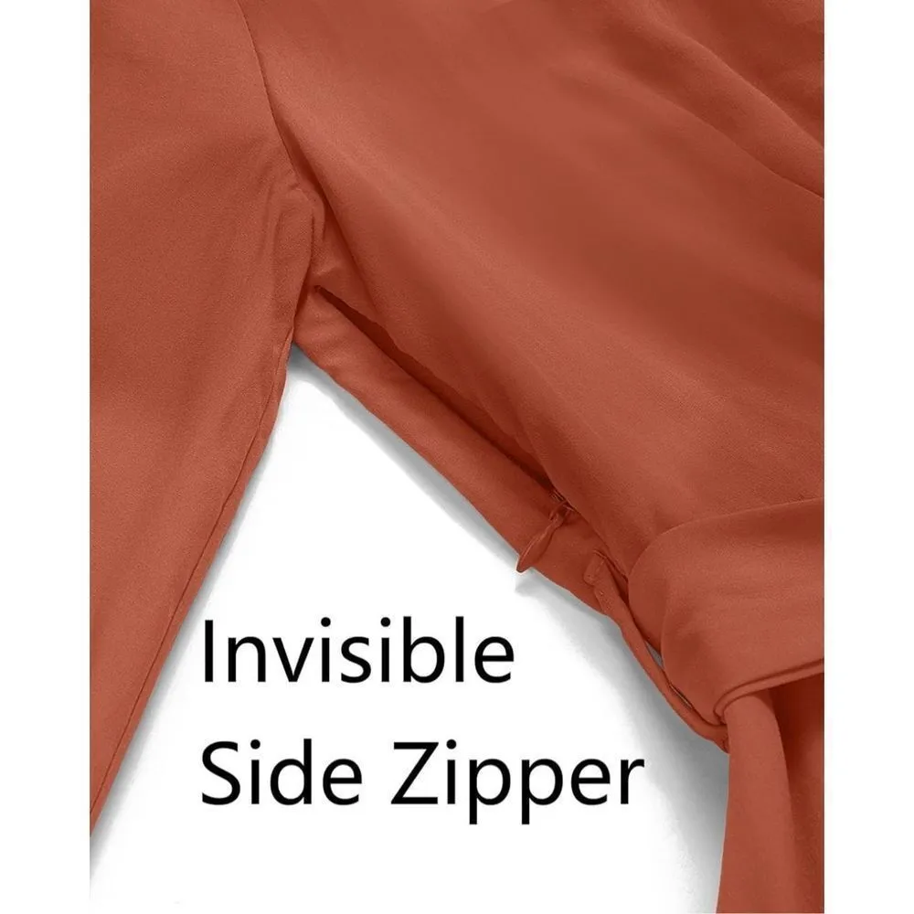 NEW ZESICA Casual Wrap V Neck Tie Waist Dress Rust Large Orange - Image 4