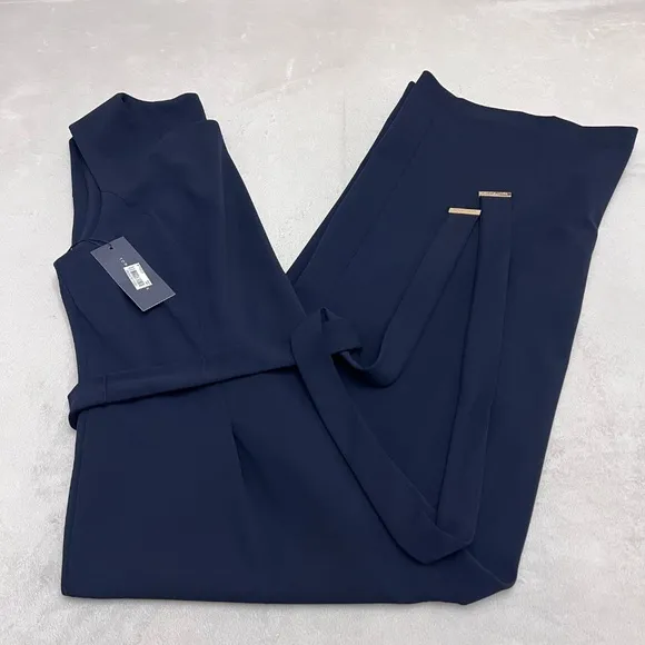 Women's Navy Cropped Belted Wide Leg Jumpsuit Sz 10 MSRP $129.00 - Image 2