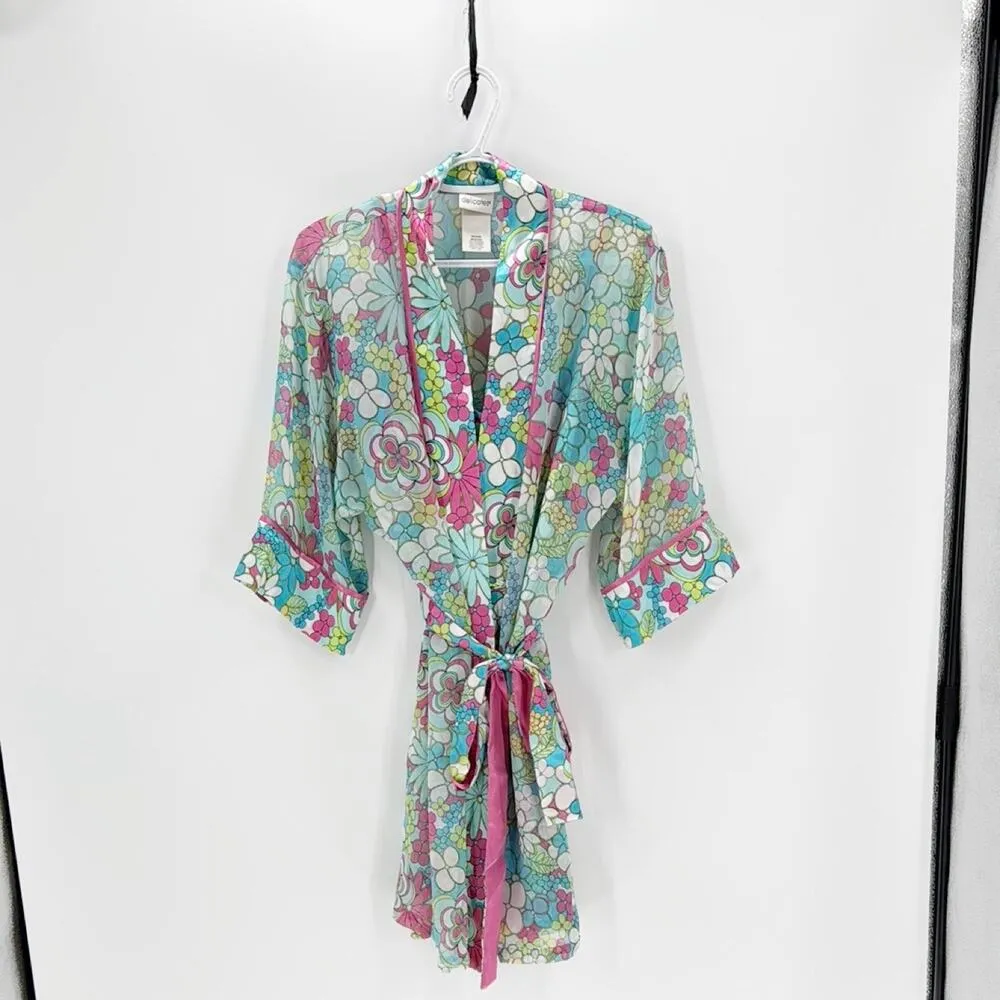 VTG DELICATES Nightie and robe bright pink teal floral size M coquette sexy Size M - Image 2